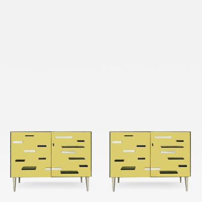Italian Golden Murano Glass Mirror and Brass Cabinets Set of 2