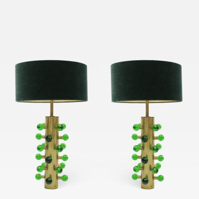 Italian Green Murano Glass and Brass Base Table Lamps