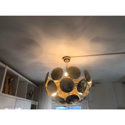 Italian Hammered Brass Sputnik Semi Sphere Chandelier