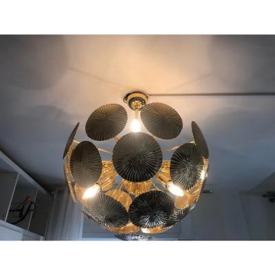 Italian Hammered Brass Sputnik Semi Sphere Chandelier
