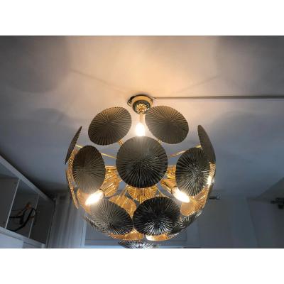 Italian Hammered Brass Sputnik Semi Sphere Chandelier