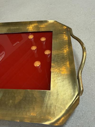 Italian Hammered Brass and Red Lacquer Serving Tray Mid Century
