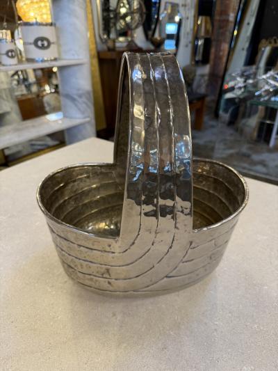 Italian Hammered Silver Plated Basket with Sculptural Handle 1970s