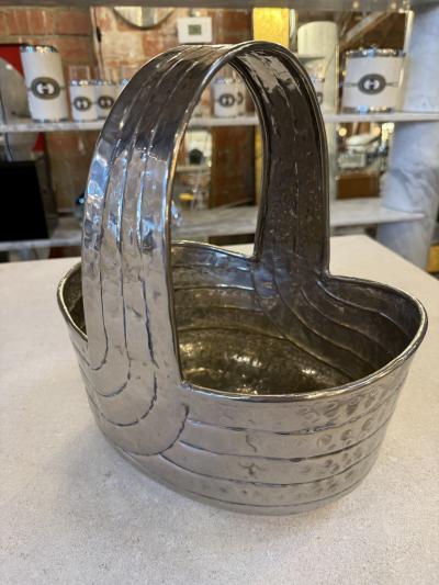 Italian Hammered Silver Plated Basket with Sculptural Handle 1970s