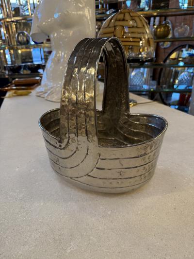 Italian Hammered Silver Plated Basket with Sculptural Handle 1970s