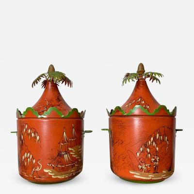 Italian Hand Painted Chinoiserie Ice Buckets 1950 s