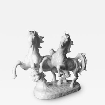 Italian Handmade Glazed Porcelain Two Horses Sculpture