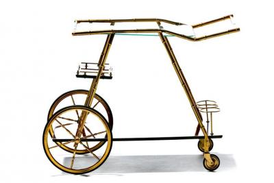 Italian Hollywood Regency Brass Faux Bamboo Wood Bar Cart circa 1960s