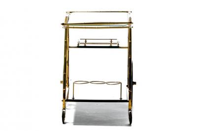 Italian Hollywood Regency Brass Faux Bamboo Wood Bar Cart circa 1960s