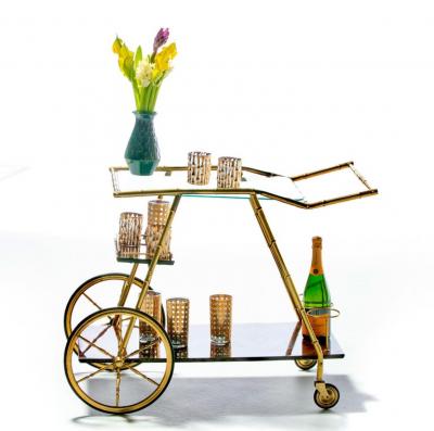 Italian Hollywood Regency Brass Faux Bamboo Wood Bar Cart circa 1960s