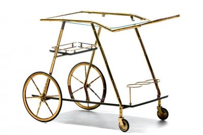 Italian Hollywood Regency Brass Faux Bamboo Wood Bar Cart circa 1960s