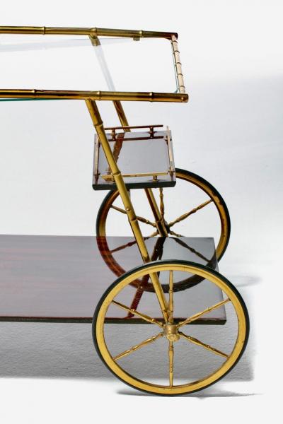 Italian Hollywood Regency Brass Faux Bamboo Wood Bar Cart circa 1960s