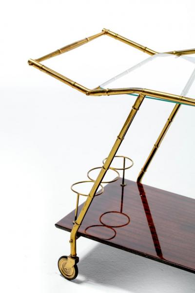 Italian Hollywood Regency Brass Faux Bamboo Wood Bar Cart circa 1960s