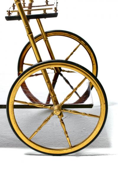 Italian Hollywood Regency Brass Faux Bamboo Wood Bar Cart circa 1960s