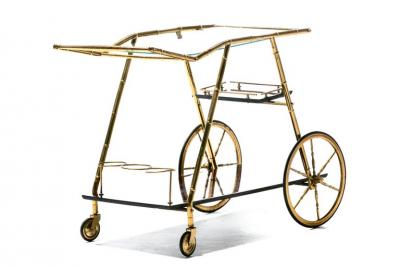 Italian Hollywood Regency Brass Faux Bamboo Wood Bar Cart circa 1960s
