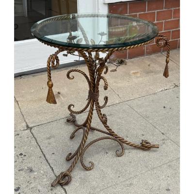 Italian Hollywood Regency Gold Gilt Iron Rope and Tassel Glass Top Side Table