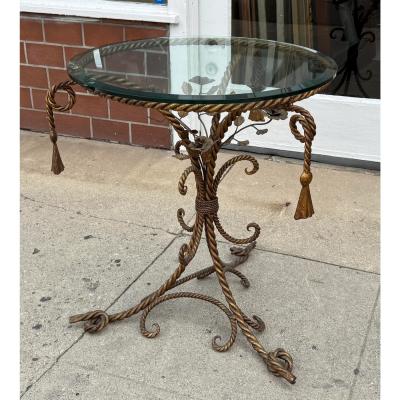 Italian Hollywood Regency Gold Gilt Iron Rope and Tassel Glass Top Side Table