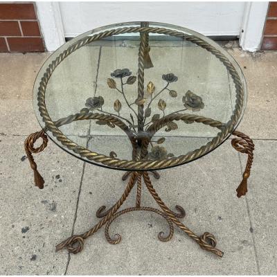 Italian Hollywood Regency Gold Gilt Iron Rope and Tassel Glass Top Side Table