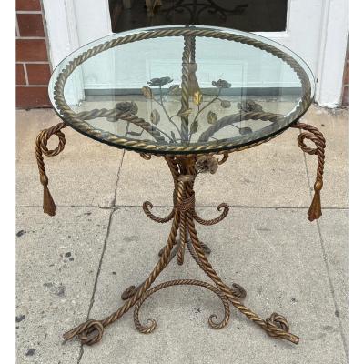 Italian Hollywood Regency Gold Gilt Iron Rope and Tassel Glass Top Side Table