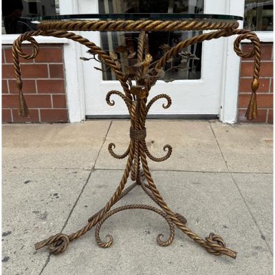 Italian Hollywood Regency Gold Gilt Iron Rope and Tassel Glass Top Side Table