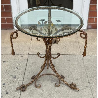 Italian Hollywood Regency Gold Gilt Iron Rope and Tassel Glass Top Side Table