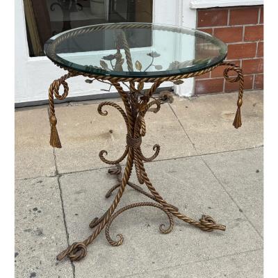 Italian Hollywood Regency Gold Gilt Iron Rope and Tassel Glass Top Side Table