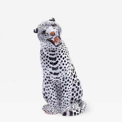 Italian Hollywood Regency Hand Painted Ceramic White Snow Leopard circa 1960