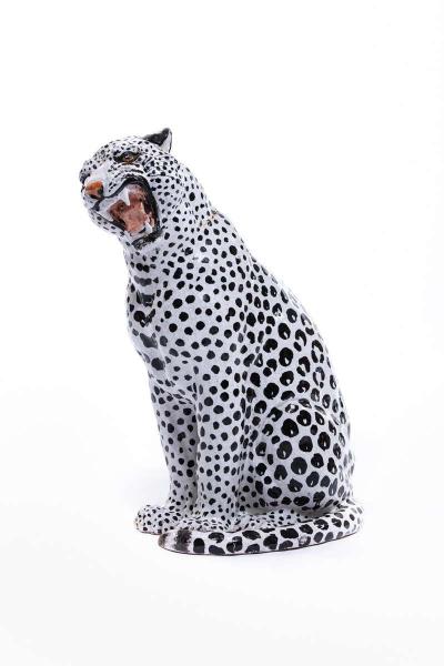 Italian Hollywood Regency Hand Painted Ceramic White Snow Leopard circa 1960