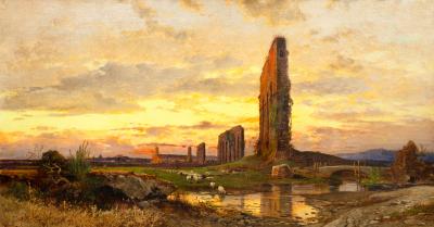 Italian Landscape Painting View of Roman Campagna Ruins by Hermann Corrodi