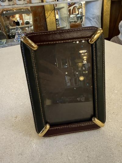 Italian Leather Picture Frame with Gilt Metal Corner Accents 1970s
