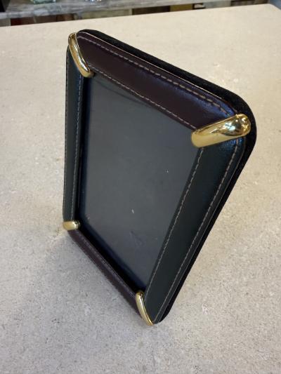 Italian Leather Picture Frame with Gilt Metal Corner Accents 1970s
