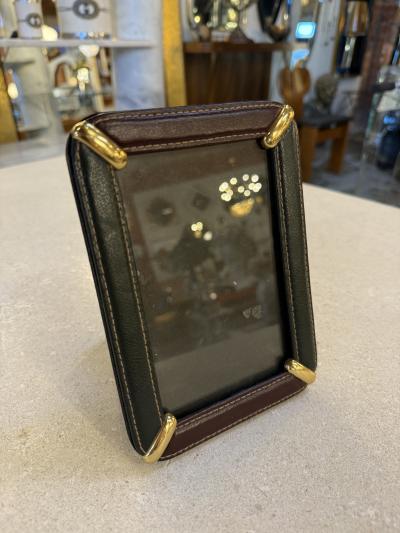 Italian Leather Picture Frame with Gilt Metal Corner Accents 1970s