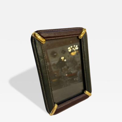 Italian Leather Picture Frame with Gilt Metal Corner Accents 1970s