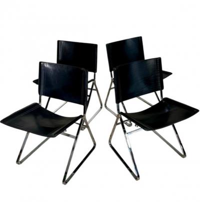 Italian Leather and Stainless Steel Dining Chairs Italy 1970
