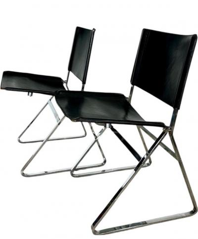 Italian Leather and Stainless Steel Dining Chairs Italy 1970