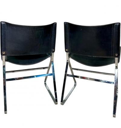 Italian Leather and Stainless Steel Dining Chairs Italy 1970