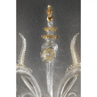 Italian Luxury Wall Sconce in Clear Murano Glass With Gold Floral Motifs