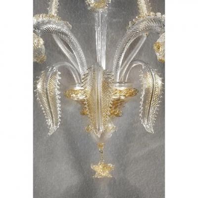 Italian Luxury Wall Sconce in Clear Murano Glass With Gold Floral Motifs