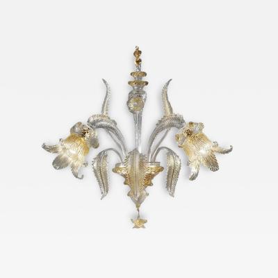 Italian Luxury Wall Sconce in Clear Murano Glass With Gold Floral Motifs