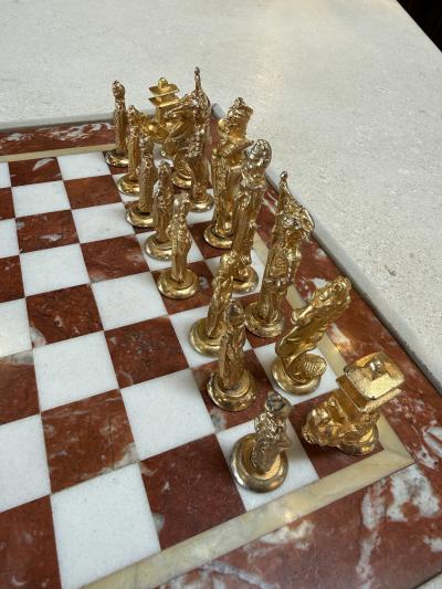 Italian Marble Chess Set with Figural Metal Pieces