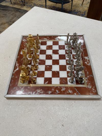 Italian Marble Chess Set with Figural Metal Pieces