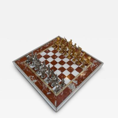 Italian Marble Chess Set with Figural Metal Pieces
