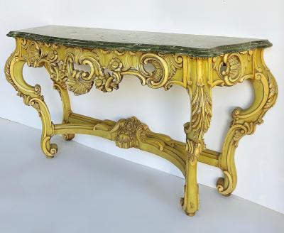 Italian Marble Top Painted Carved Console Table in Baroque Rococo Style