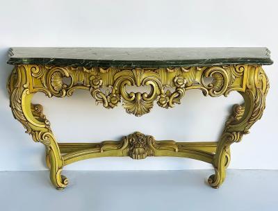 Italian Marble Top Painted Carved Console Table in Baroque Rococo Style