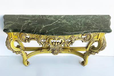 Italian Marble Top Painted Carved Console Table in Baroque Rococo Style
