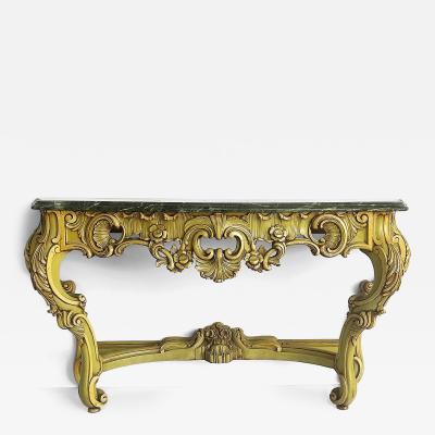 Italian Marble Top Painted Carved Console Table in Baroque Rococo Style