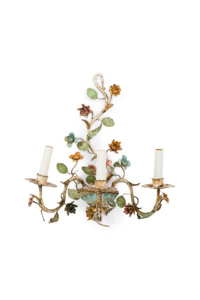Italian Mid Century 3 Armed Tole Flower Wall Sconce