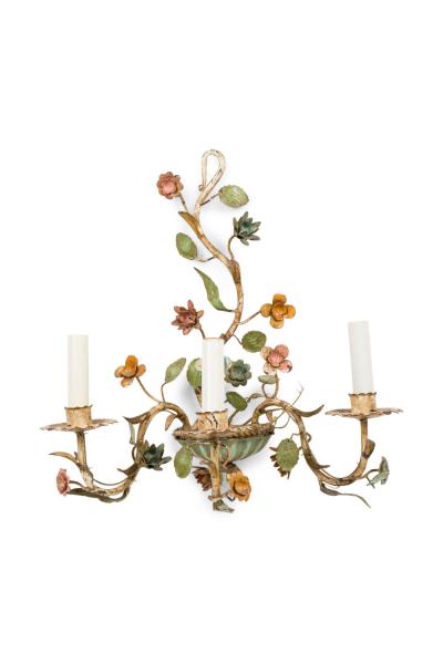 Italian Mid Century 3 Armed Tole Flower Wall Sconce
