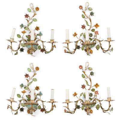Italian Mid Century 3 Armed Tole Flower Wall Sconce
