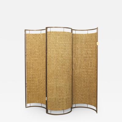 Italian Mid Century 3 Concave Panel Woven Rattan Screen